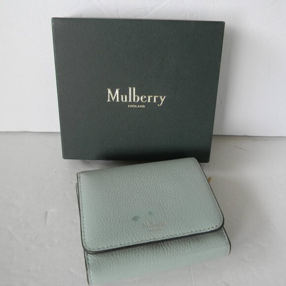 MULBERRY ENGLAND PEBBLE LEATHER BIFOLD WALLET LIGHT BLUE/GREEN  W/BOX - Picture 1 of 10